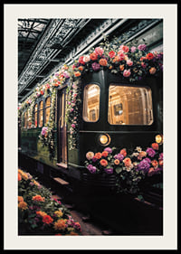 Green subway train decorated with colorful flowers-2