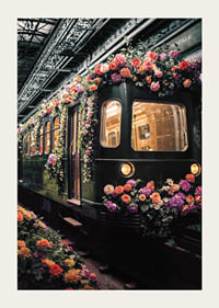 Green subway train decorated with colorful flowers-3