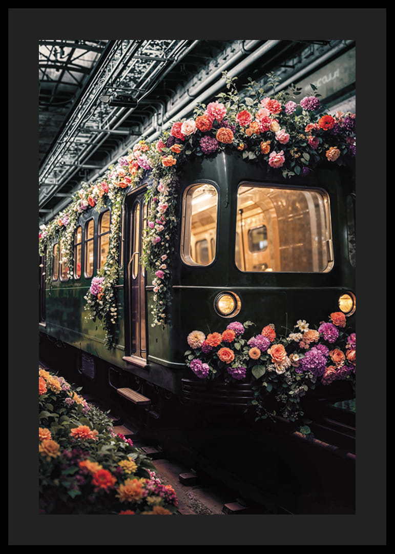 Vihreä metrojuna, koristeltu värikkäillä kukilla-12