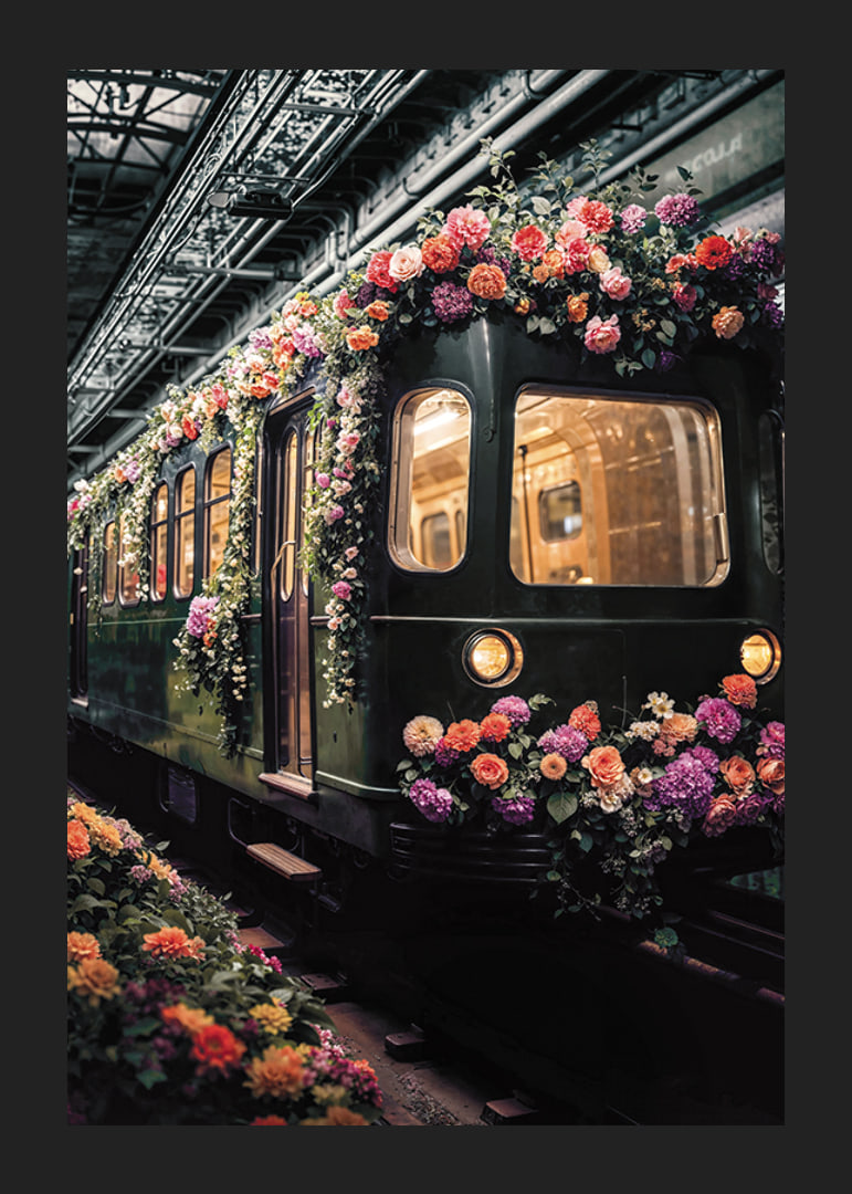 Green subway train decorated with colorful flowers-12
