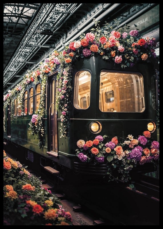 Green subway train decorated with colorful flowers-12
