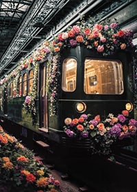 Green subway train decorated with colorful flowers-7