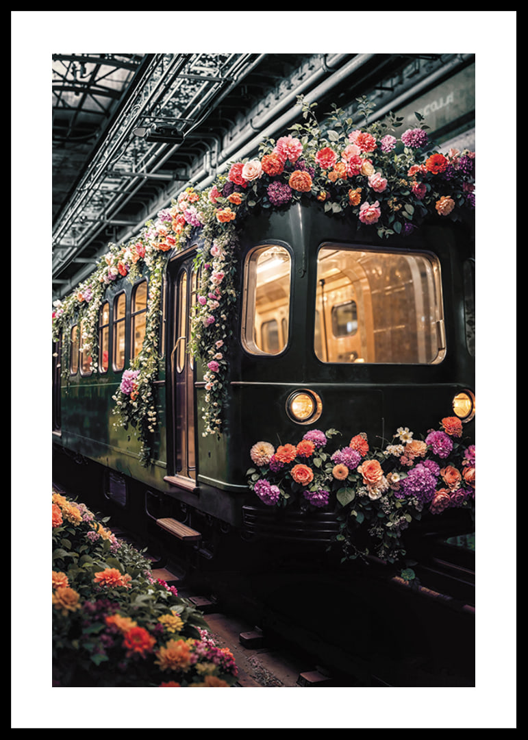 Green subway train decorated with colorful flowers-12