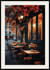 Klassiskt parisiskt café med orange blommor i höstljus-2