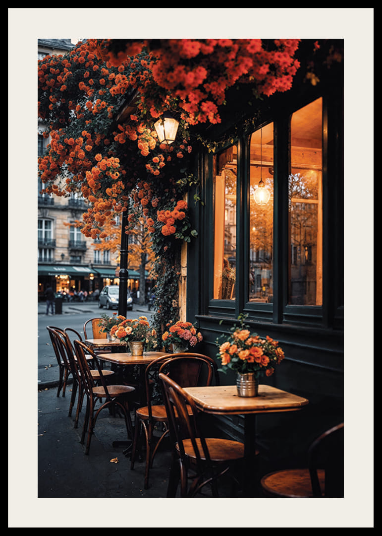 Klassiskt parisiskt café med orange blommor i höstljus-12