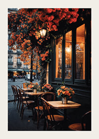 Classic Parisian cafe with orange flowers in autumn light-3