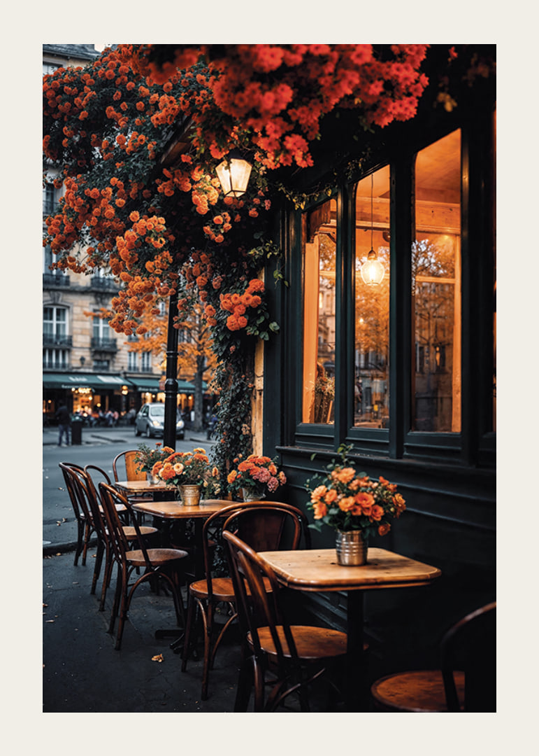 Classic Parisian cafe with orange flowers in autumn light-12
