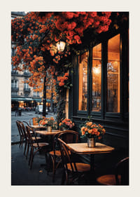 Klassiskt parisiskt café med orange blommor i höstljus-3