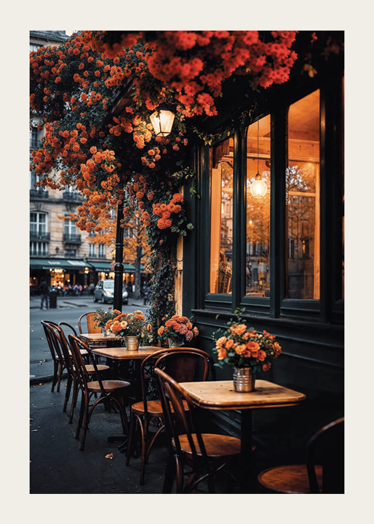 Klassiskt parisiskt café med orange blommor i höstljus-12