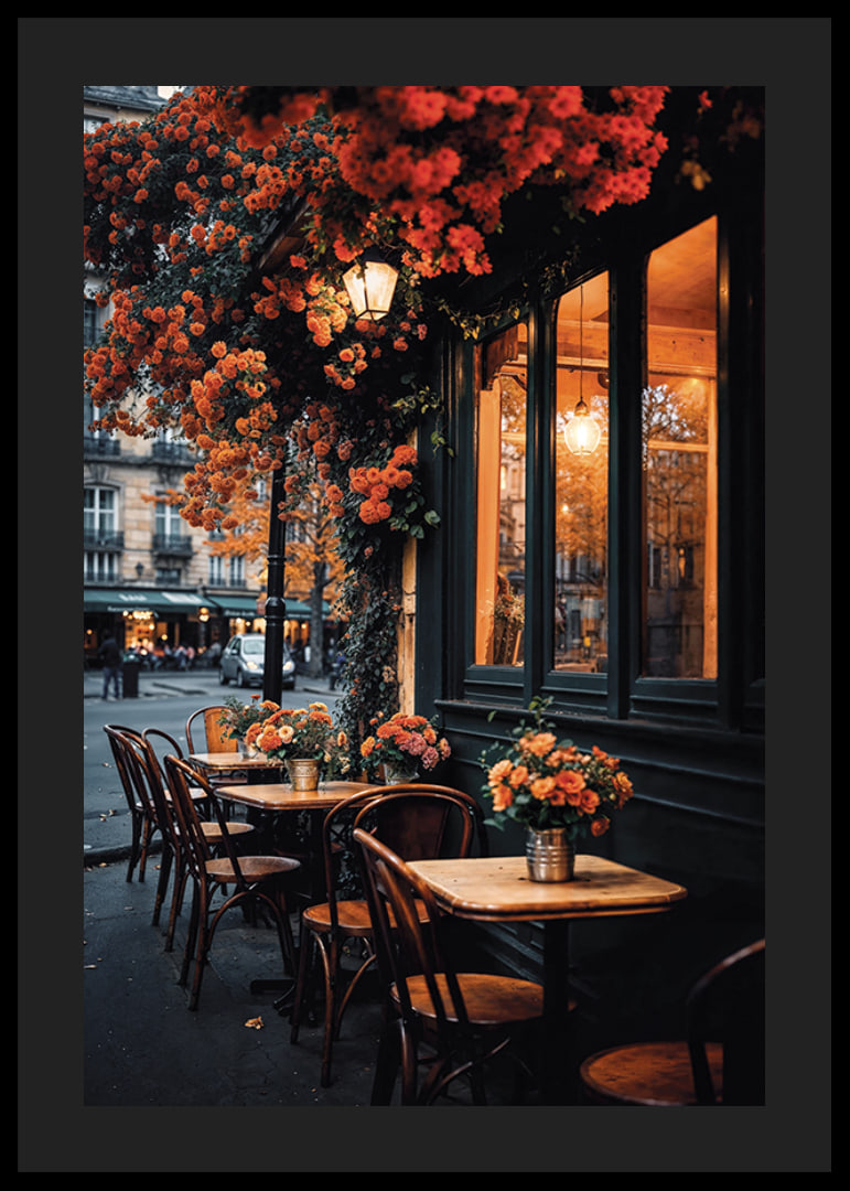 Classic Parisian cafe with orange flowers in autumn light-12