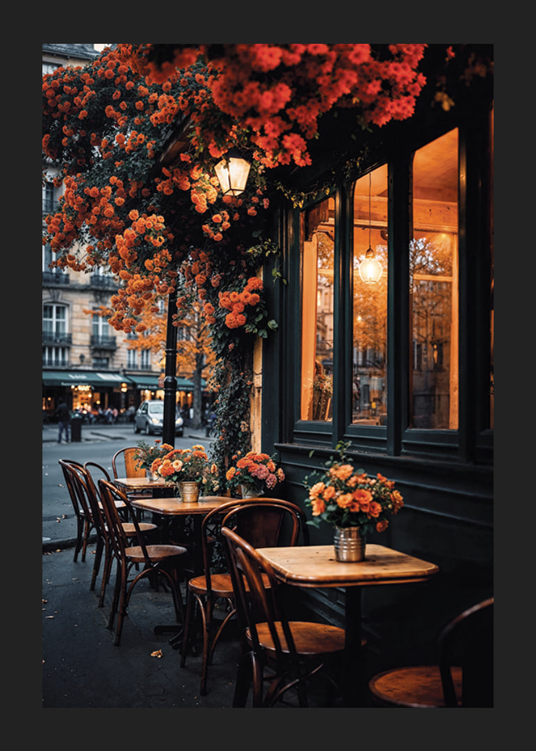 Classic Parisian cafe with orange flowers in autumn light-12