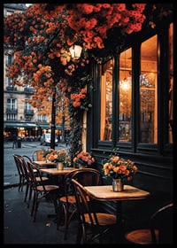 Classic Parisian cafe with orange flowers in autumn light-6