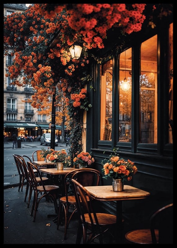 Classic Parisian cafe with orange flowers in autumn light-12