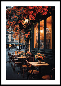 Classic Parisian cafe with orange flowers in autumn light-0