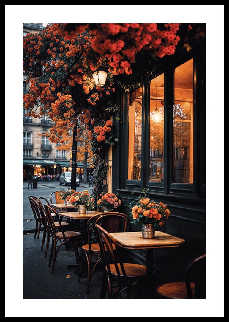Classic Parisian cafe with orange flowers in autumn light-12