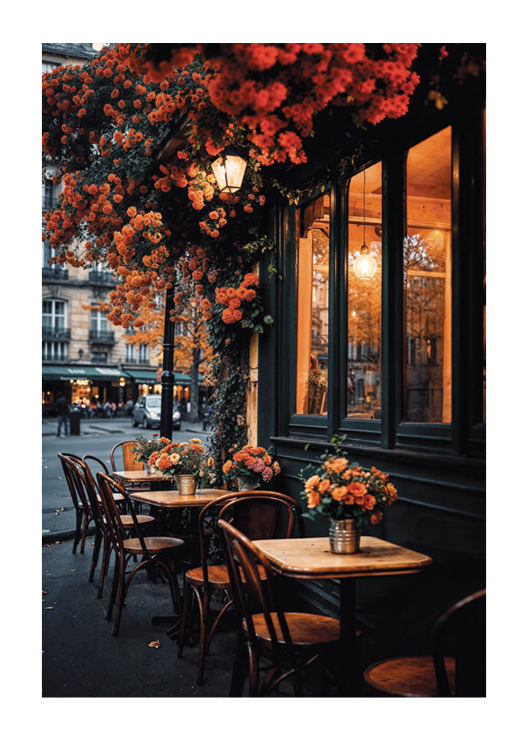 Classic Parisian cafe with orange flowers in autumn light-12