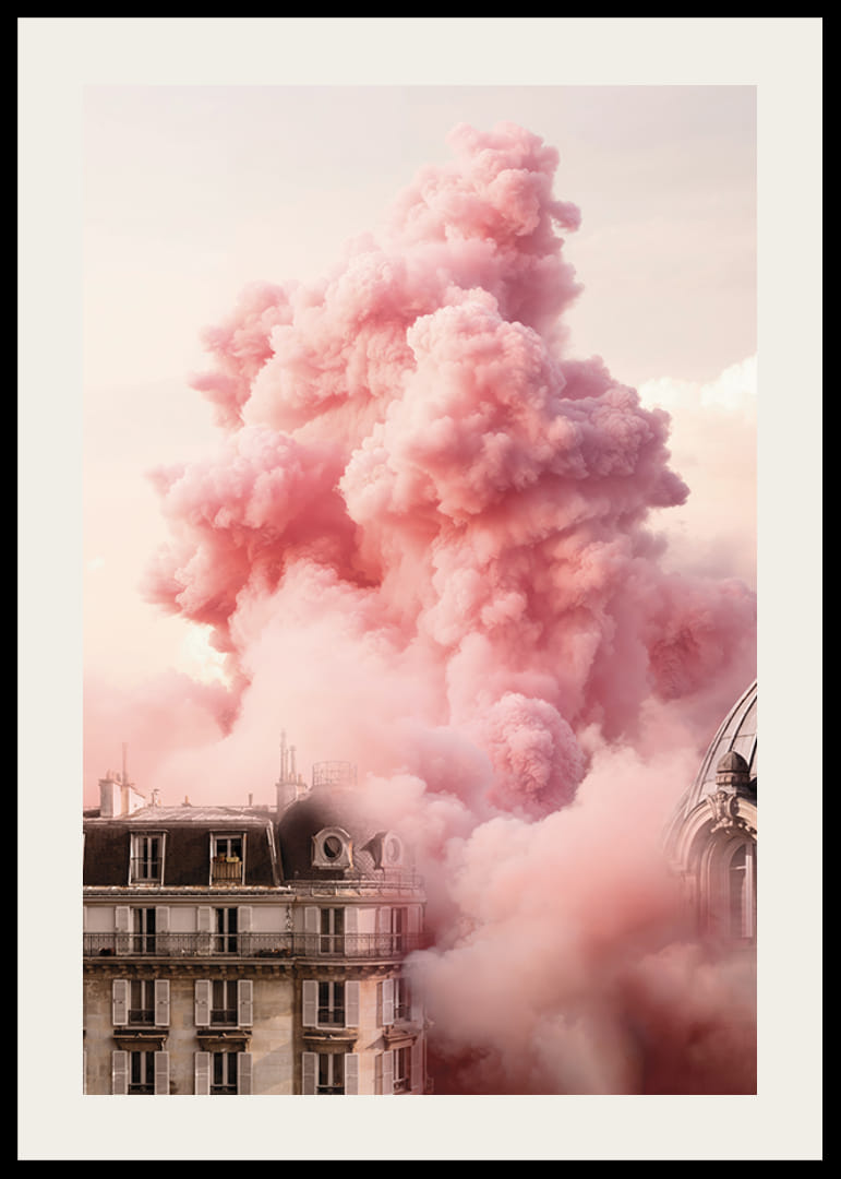 Parisian building with pink clouds over the roofs in soft light-12