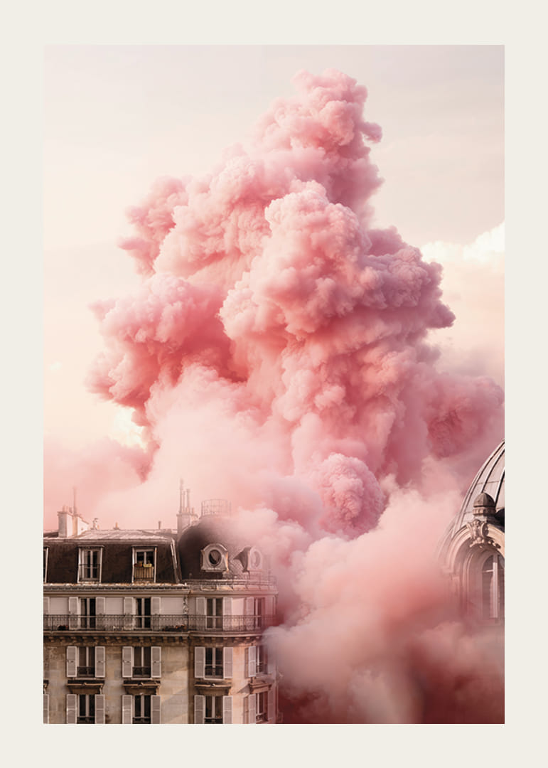 Parisian building with pink clouds over the roofs in soft light-12