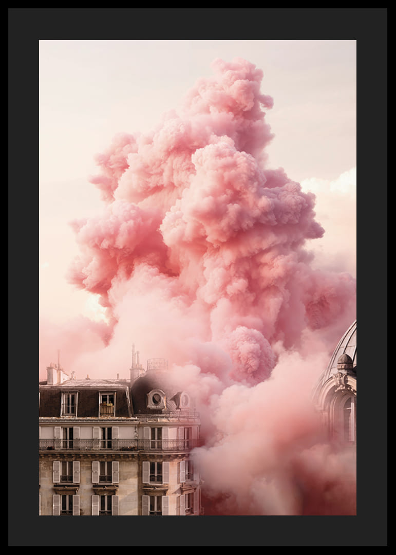 Parisian building with pink clouds over the roofs in soft light-12
