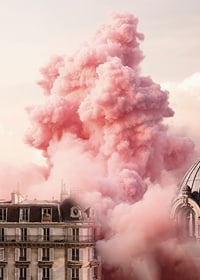 Parisisk byggnad med rosa moln över taken i mjukt ljus-7