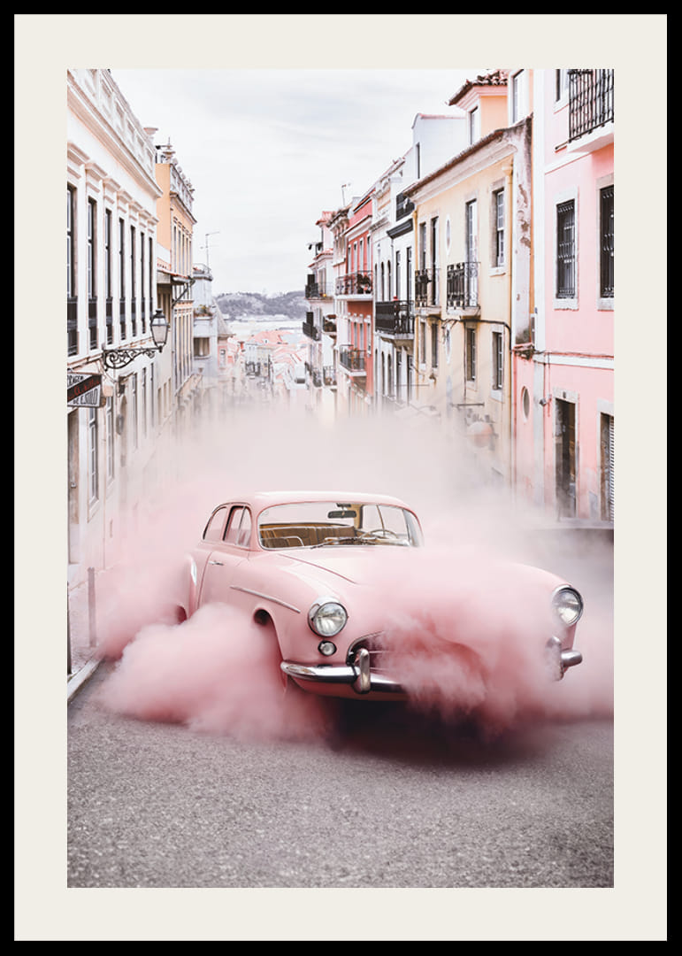 Rosa Mercedes-Benz 300 SL med rosa rök i stadsmiljö-12