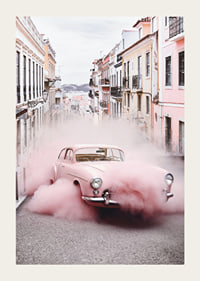 Pink Mercedes-Benz 300 SL with pink smoke in an urban environment-3