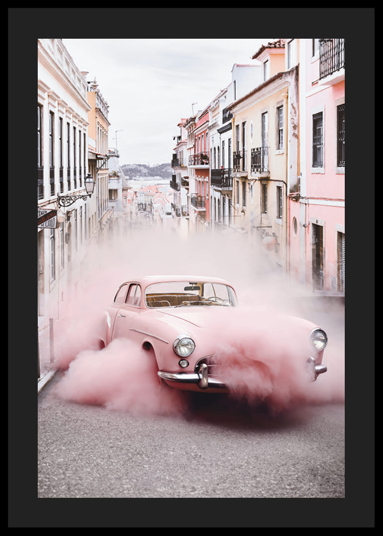 Rosa Mercedes-Benz 300 SL med rosa rök i stadsmiljö-12