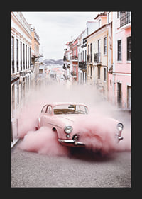 Pink Mercedes-Benz 300 SL with pink smoke in an urban environment-5
