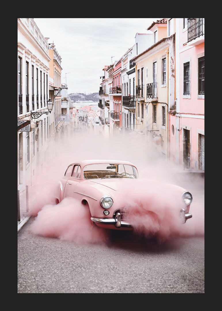 Pink Mercedes-Benz 300 SL with pink smoke in an urban environment-12