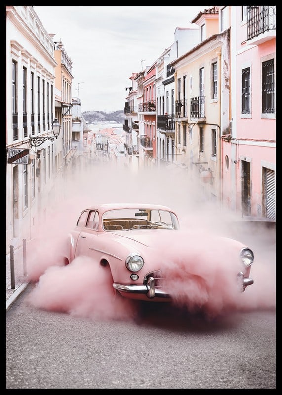Pink Mercedes-Benz 300 SL with pink smoke in an urban environment-12