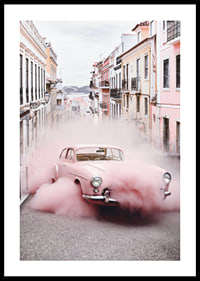 Pink Mercedes-Benz 300 SL with pink smoke in an urban environment-0