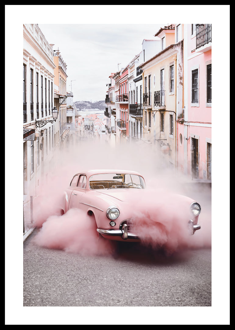 Pink Mercedes-Benz 300 SL with pink smoke in an urban environment-12
