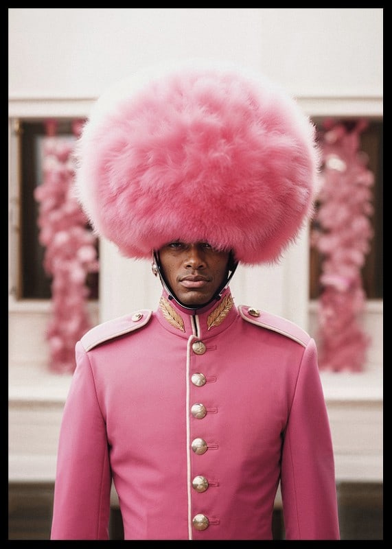 Royal guard in pink uniform and large plume, photographic-12
