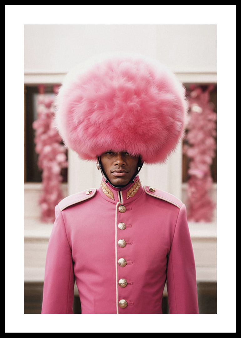 Royal guard in pink uniform and large plume, photographic-12