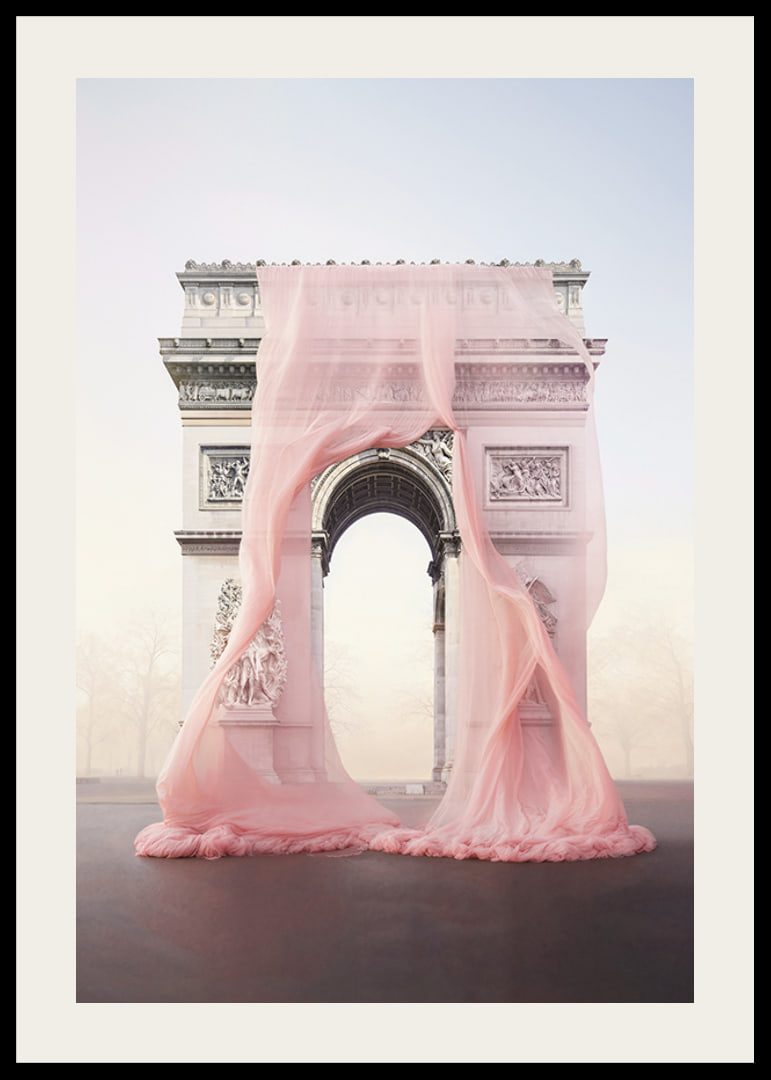 The Arc de Triomphe in Paris draped in transparent pink fabric-12