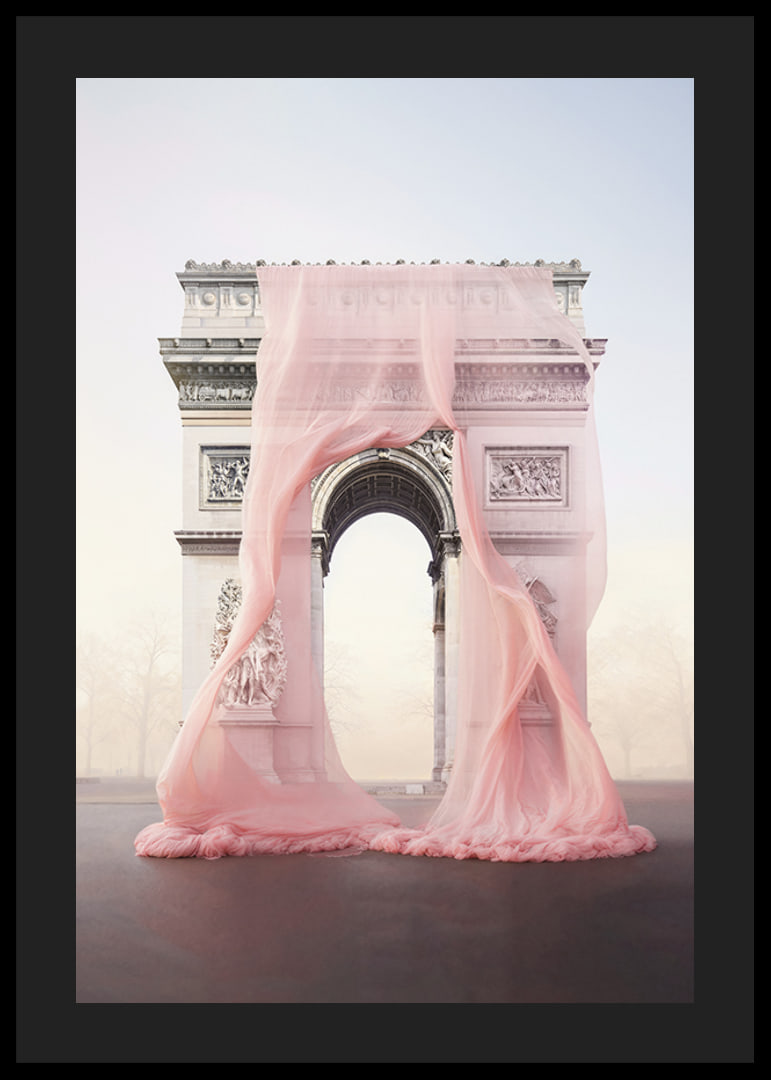 The Arc de Triomphe in Paris draped in transparent pink fabric-12