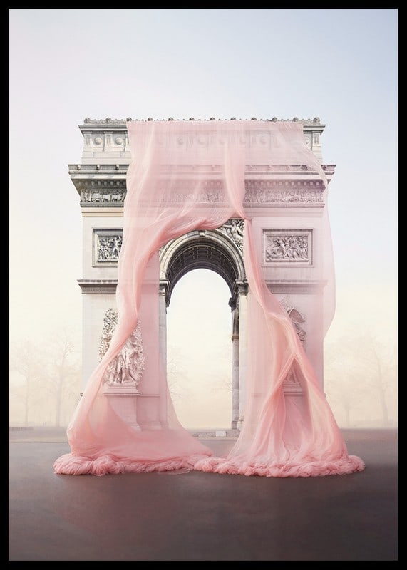 The Arc de Triomphe in Paris draped in transparent pink fabric-12