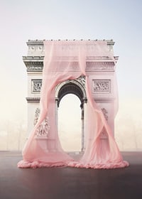 The Arc de Triomphe in Paris draped in transparent pink fabric-7