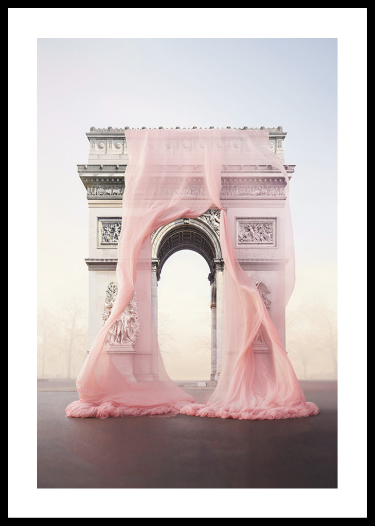 The Arc de Triomphe in Paris draped in transparent pink fabric-12