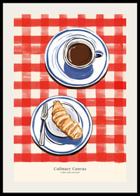 Illustration av kopp kaffe och croissant på rutig duk-2