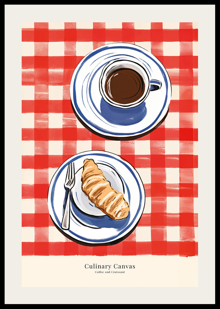 Illustration av kopp kaffe och croissant på rutig duk-12