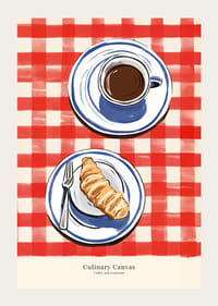 Illustration av kopp kaffe och croissant på rutig duk-3