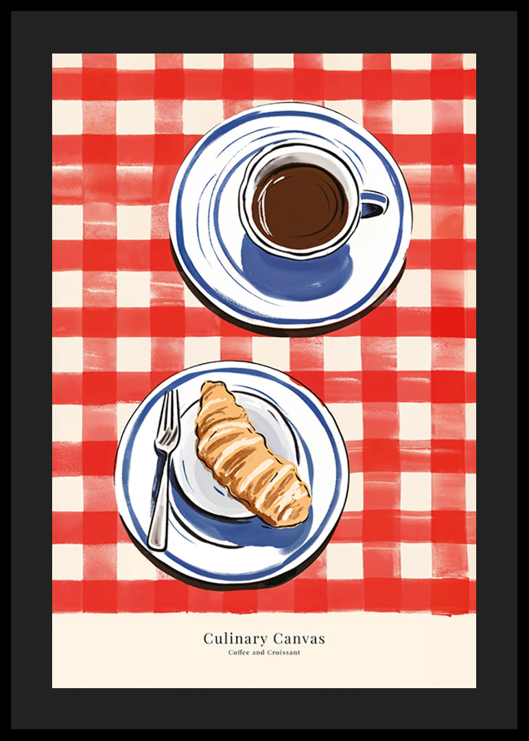 Illustration av kopp kaffe och croissant på rutig duk-12