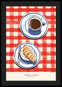 Illustration av kopp kaffe och croissant på rutig duk-4