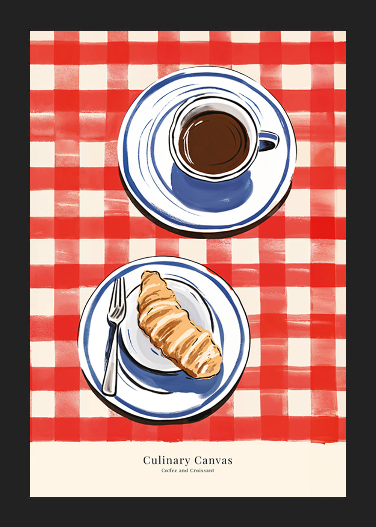 Illustration av kopp kaffe och croissant på rutig duk-12