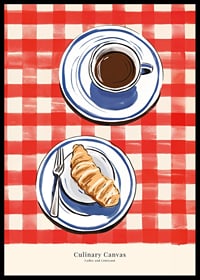 Illustration av kopp kaffe och croissant på rutig duk-6