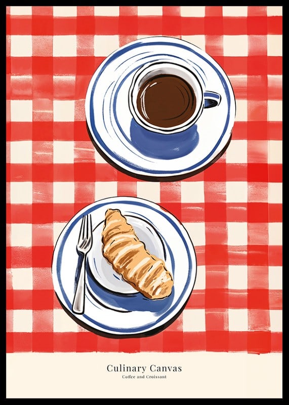 Illustration av kopp kaffe och croissant på rutig duk-12