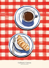 Illustration av kopp kaffe och croissant på rutig duk-7