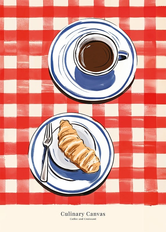 Illustration av kopp kaffe och croissant på rutig duk-12