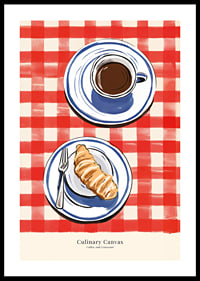 Illustration av kopp kaffe och croissant på rutig duk-0